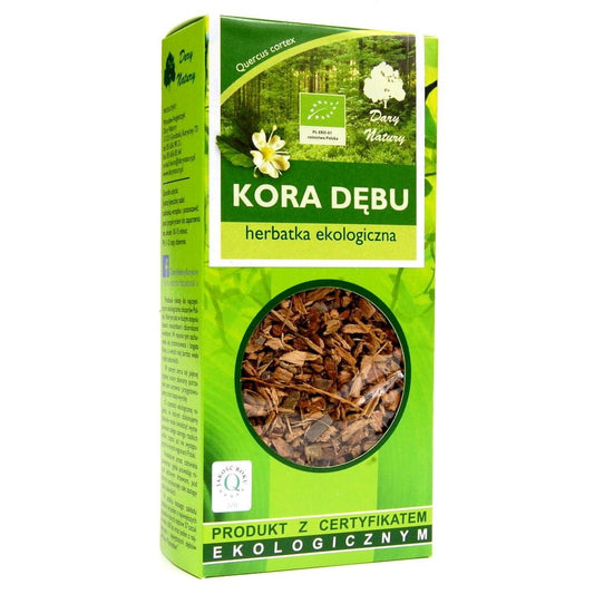 Bio Eichenrinde von DARY NATURY in 100g Verpackung, naturbelassene Rinde für Heil- und Bastelzwecke, geöffnete Verpackung und Rinde sichtbar