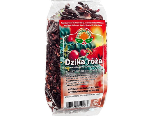 Wildrosentee von NATURA-WITA, 100g, getrocknete Wildrosenblätter in einer transparenten Verpackung.