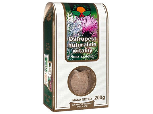 Natürliche Mariendistel Vital 200g von NATURA-WITA, getrocknete Mariendistelsamen in einer transparenten Packung.