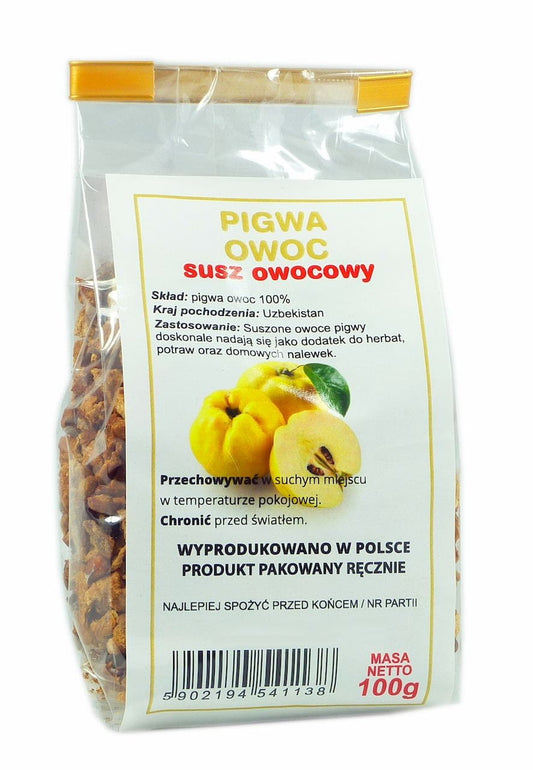Getrocknete Quittenfrüchte, 100g von NATURA-WITA, natürliche Frucht zum Naschen oder Kochen, auf weißem Hintergrund.