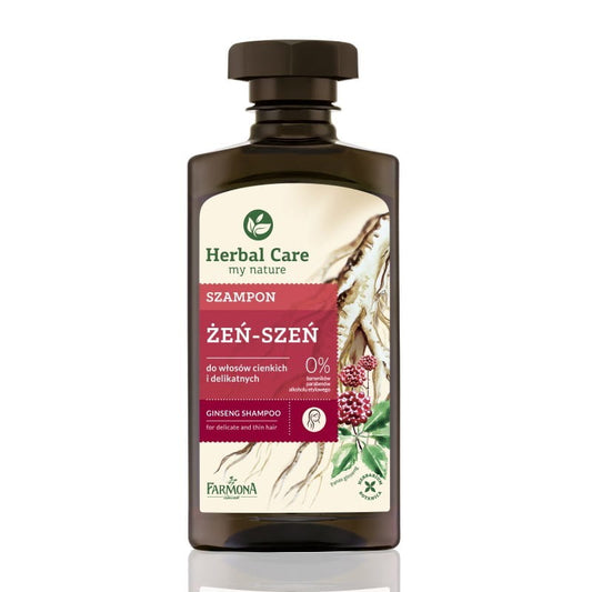 Flasche mit FARMONA Ginseng Shampoo, 330 ml, für kräftiges und gesundes Haar, mit Ginseng-Extrakt im weißen Flaschen-Design.
