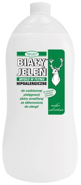 Flüssigseife von BIAŁY JELEŃ in 1000ml weißen Flasche, natürliche Inhaltsstoffe, sichtbarer Produktbehälter