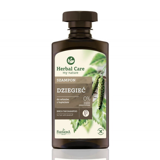 Kräuterpflegendes Teershampoo von FARMONA in 330ml Flasche, zeigt das Produkt mit Kräuterextrakten für gesunden Haaransatz