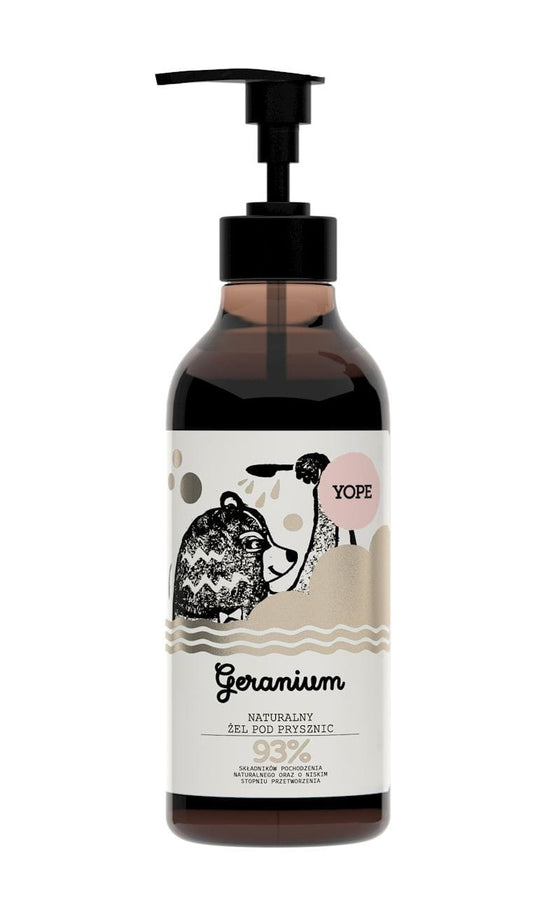 Natürliches Geranien-Duschgel von YOPE in 400ml Flasche, zeigt die Verpackung mit blumigem Design und grünen Akzenten.