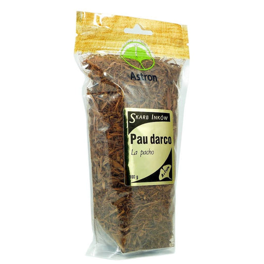 Pau darco La Pacho Kräutertee von ASTRON, 100g, getrocknete Pau darco Blätter in einer Verpackung auf weißem Hintergrund