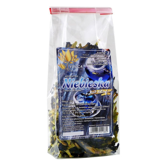 Blauer Ternate Clitoria Tee von PROHERBIS, YUCCA, in 30g Verpackung, mit frischen Blättern und Blüten auf weißem Hintergrund.