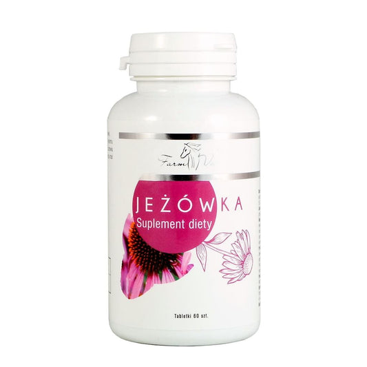Echinacea Tabletten von FARMVIX, 60 Stück, Nahaufnahme der Verpackung und Tabletten auf weißem Hintergrund