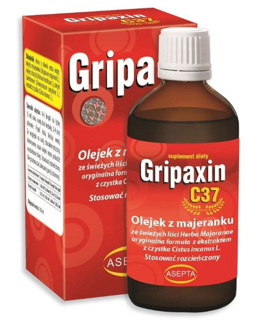 Flasche Gripaxin C37 mit Majoran- und Basilikumöl sowie ASEPTA-Zistrosenextrakt, 30 ml, auf weißem Hintergrund.