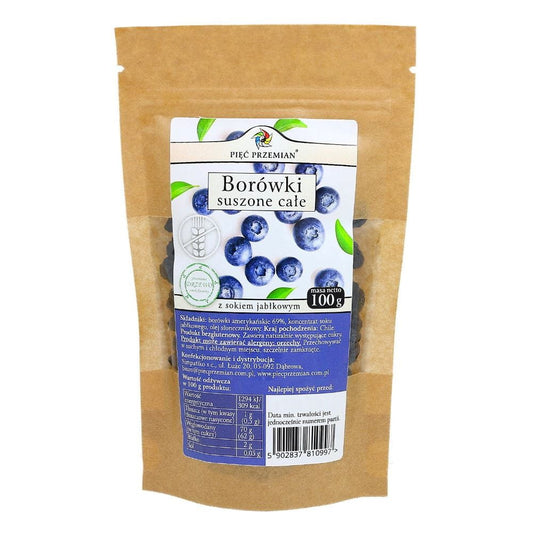 Ganze getrocknete Heidelbeeren mit Apfelsaft, 100g, von PIĘĆ PRZEMIAN, frische und saftige Beeren in einer Packung.