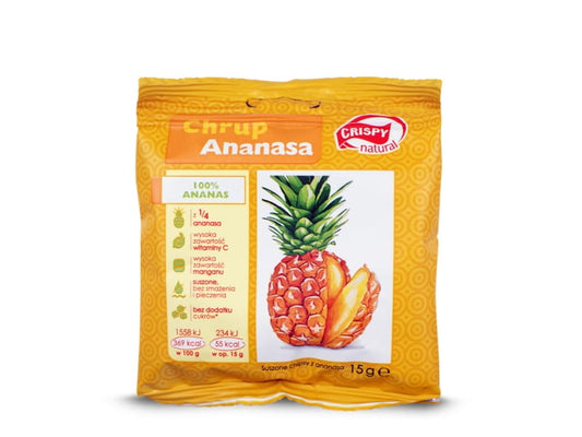 Knusprige Ananaschips von CRISPY NATURAL in 15g Verpackung, goldbraun und knusprig, auf weißem Hintergrund.