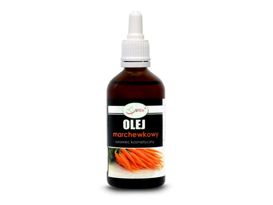 Karottenöl in 100 ml Flasche von VIVIO, hellorange Farbe, Flasche mit orangefarbenem Etikett, ideal für Hautpflege und Kosmetik