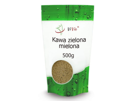 Gemahlener Rohkaffee von VIVIO, 500 g, in einer transparenten Verpackung, zeigt die dunkle, fein gemahlene Kaffeebohne.