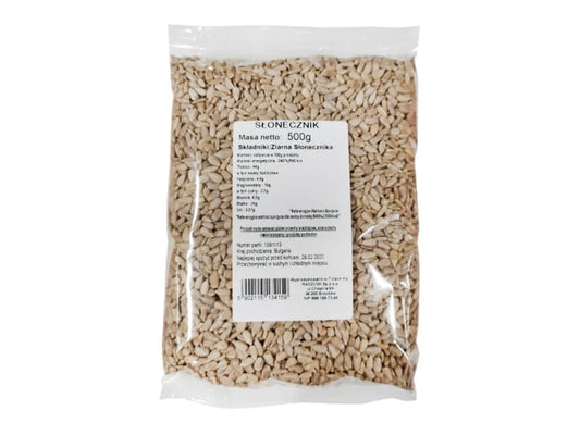 Geschälte Sonnenblumenkerne in 500g Packung von VIVIO, trockene und gesunde Sonnenblumenkerne auf weißem Hintergrund