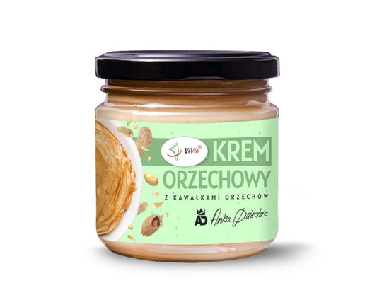 Knusprige Erdnusscreme von VIVIO in 200g Glas, cremige Textur mit knackigen Erdnüssen, ideal für Brot und Snacks