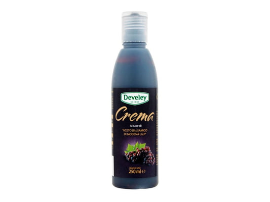 Creme auf Balsamico-Essig Basis von DEVELEY in 250 ml Flasche, cremige Textur und dunkle Farbe sichtbar.