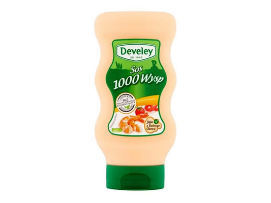 Develey 1000-Insel-Sauce in 410g Flasche, cremige Salatsauce mit Mayonnaise, Gurken, Zwiebeln und Kräutern, ideal für Salate