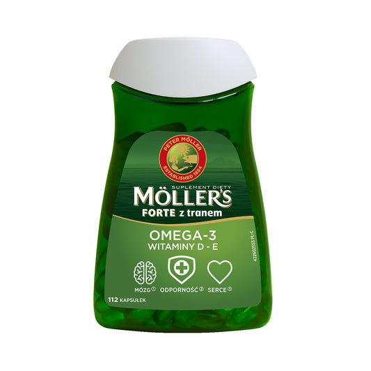 Moller`s FORTE Nahrungsergänzungsmittel mit OMEGA-Öl, 112 Kapseln, zeigt die Verpackung mit 3 Ergänzungsmitteln.