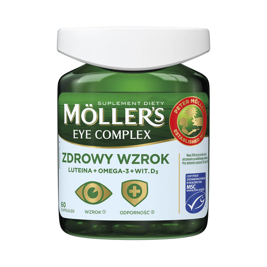 Augenkomplex von MOLLER'S MOLLERS mit 60 Kapseln zur Unterstützung des gesunden Sehvermögens, in einer geöffneten Packung.