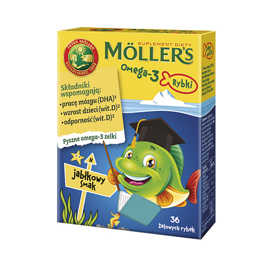 Omega-3 Apfelfische Kapseln von MOLLER'S MOLLERS, 36 Stück, Nahaufnahme der Verpackung und Kapseln.