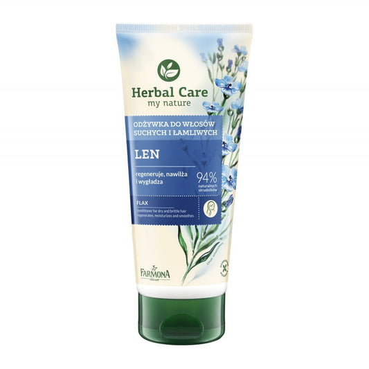 Leinenspülung für trockenes und sprödes Haar, 200ml, von Farmona Herbal Care, zeigt Flasche und Produktbeschreibung.