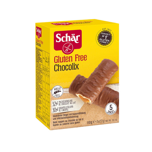 Chocolix glutenfreier Schär Schokoriegel, 5 Stück à 22g, mit cremiger Schokoladenfüllung, in einer offenen Verpackung.