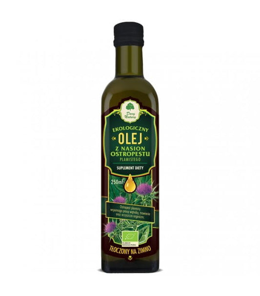 Bio Mariendistelsamenöl von DARY NATURY in 250 ml Flasche, naturbelassen und als Geschenk verpackt.