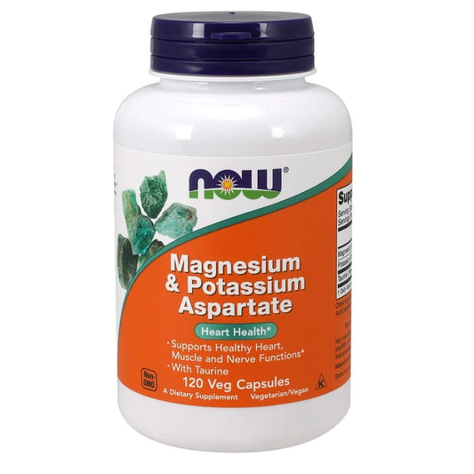 Magnesium- und Kaliumaspartat mit Taurin in 120 Kapseln, Nahrungsergänzung, von NOW FOODS, sichtbare Kapseln in der Verpackung