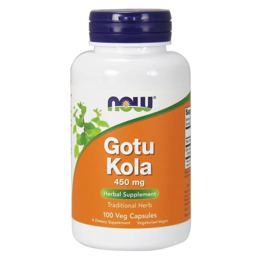 Gelbe Kapseln mit Gotu Kola 450 mg in einer Packung, Nahrungsergänzungsmittel von NOW FOODS, auf weißem Hintergrund