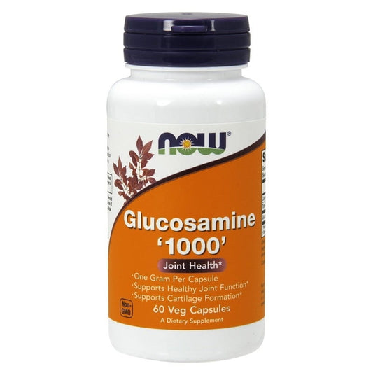 Nahrungsergänzungsmittel Glucosamin 1000 mg von NOW Foods in 60 Kapseln, sichtbare Verpackung und Kapseln.