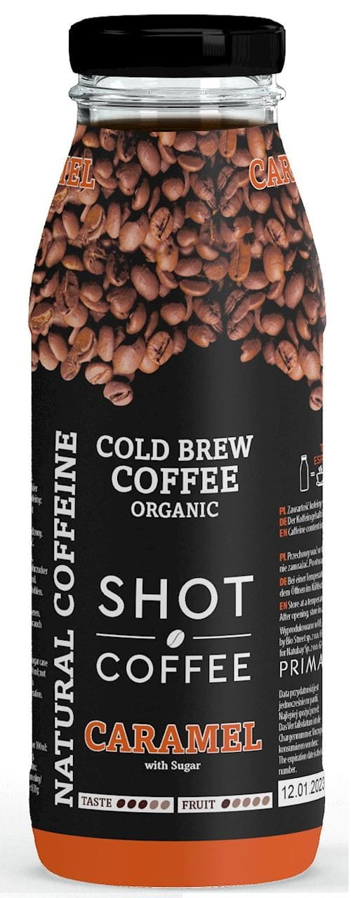 Kalter Kaffee mit Karamellgeschmack, BIO, 175 ml, PRIMABIOTIC, in einer transparenten Flasche auf weißem Hintergrund