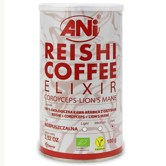 Bio Instantkaffee Arabica mit Reishi, Cordyceps und Löwenmähne von ANI, 100 g, cremiger Kaffee mit Pilzextrakten.