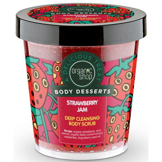 Tiefenreinigendes Körperpeeling mit Erdbeermarmelade von ORGANIC SHOP, 450 ml, sichtbare Erdbeerstücke und peelingende Textur