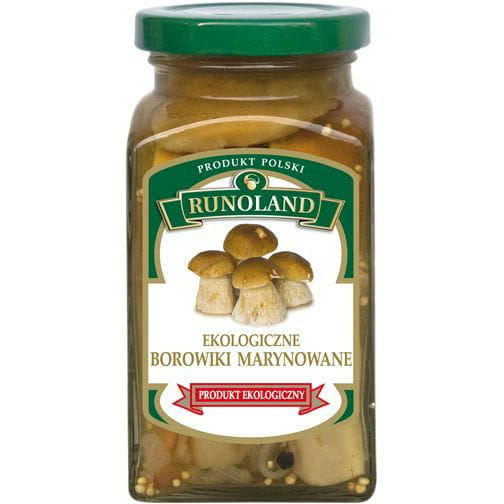 Marinierte Bio Steinpilze von RUNOLAND in 300 g Glas, mit Kräutern und Gewürzen, sichtbar in der Dose.