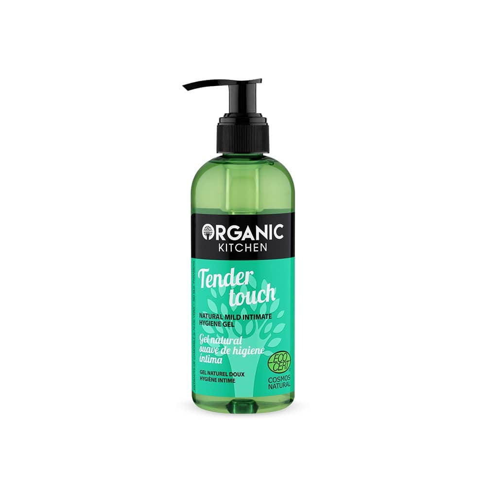 Natürliches Berührungsgel für Intimhygiene von EUROBIO LAB, zart und pflegend in 260 ml Flasche, Nahaufnahme