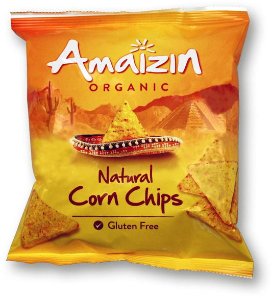 Glutenfreie gesalzene Maischips von AMAIZIN, Bio-Qualität, 75 g, knusprige Snack mit Meersalz, auf weißem Hintergrund
