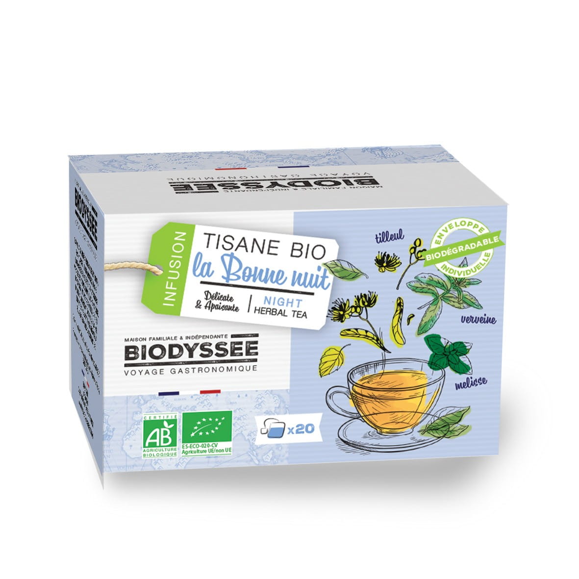 Biodyssee Kräutertee vor dem Schlafengehen, 20 Teebeutel à 1,5g, biologisch, in einer Packung mit Teekräutern und Teebeuteln