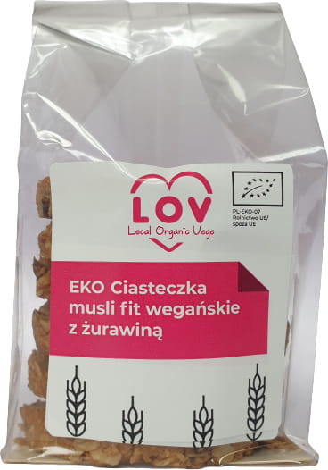 Vegane Müsli-Fit-Kekse mit Cranberry von Local Organic Vege, 240g, bio und EKO-Label, in einer offenen Packung