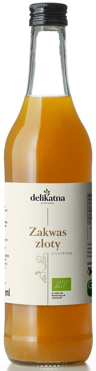 Goldener Bio-Sauerteig mit Zitrone in 500 ml Flasche, von biogo, mit Zitronenaroma und natürlicher Textur.