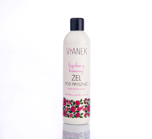 Cremiges, beruhigendes Duschgel in 300 ml Flasche von VIANEK mit pflegender Textur, auf einem weißen Hintergrund.