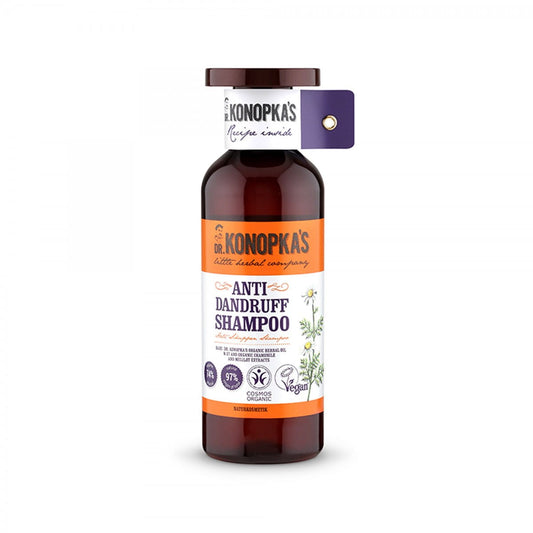 Anti-Schuppen-Haarshampoo von EUROBIO LAB in 500 ml Flasche, zeigt die Verpackung und das Produkt in einer natürlichen Umgebung.