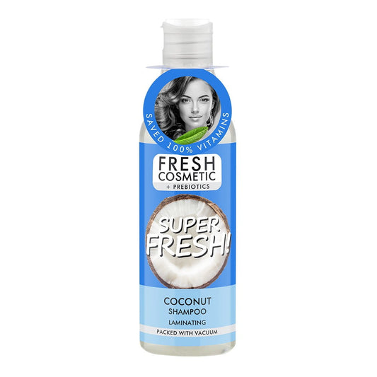 Kokosnuss-Laminier-Haarshampoo von Fitokosmetik in einer 245 ml Flasche, zeigt das Shampoo in einer weißen Verpackung mit Kokosnuss-Design