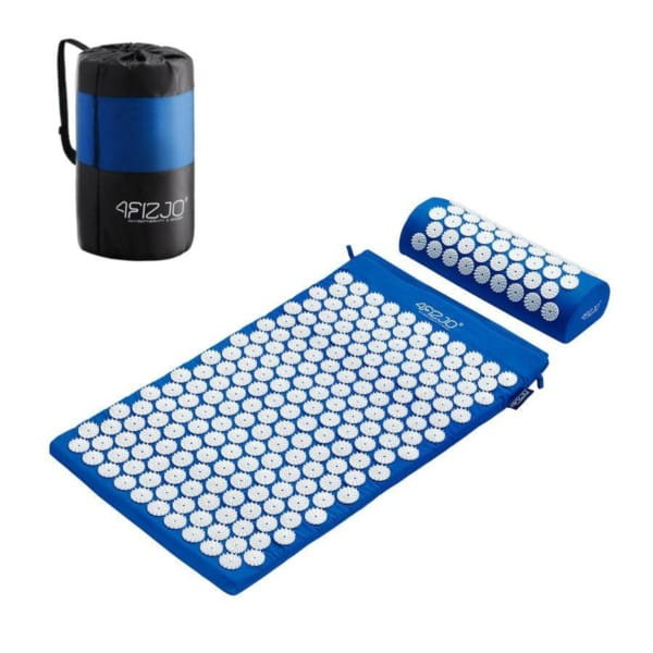 Akupressurmatte mit blauem Kissen von 4FIZJO, entspannendes Wohlfühl-Set, Nahaufnahme der Noppen und Stoffdetails