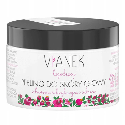 Beruhigendes Kopfhautpeeling von VIANEK SYLVECO, 150 ml, mit natürlichen Inhaltsstoffen, sichtbare Textur und Verpackung.