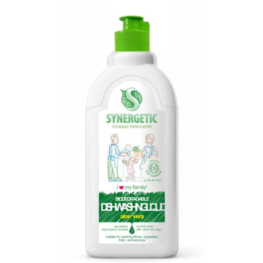 Bio Aloe Geschirrspülmittel von Synergetic in 500ml Flasche, zeigt Reinigungsschaum und Aloe-Extrakt in der Flasche
