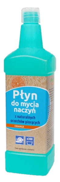 Orange Geschirrspülmittel von ECOVARIANT in 1 kg Flasche, zeigt die Flasche mit orangem Etikett und Spülschwamm.