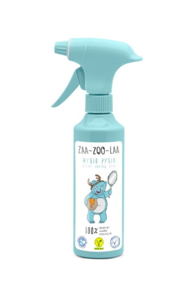 Stahlflüssigkeit für Spiegelglas ZAA von ZAA-ZOO-LAA, Flasche mit klarer Flüssigkeit und Zubehöraufdruck.