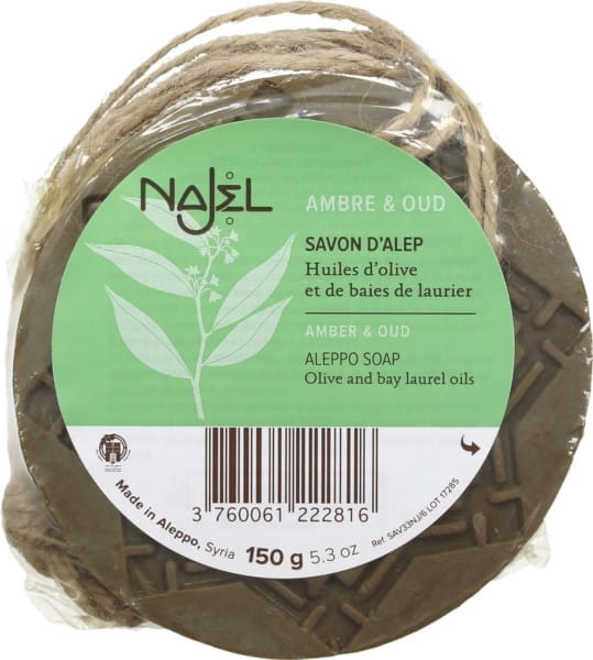 Seife mit Aleppo orientalisch von Najel, 150g, mit Aufhänger, traditionell hergestellt, sichtbare Seifenstück mit Aufhängeschlaufe