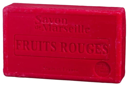 Rote Fruchtseife von SATIS in 100g, französische Seife mit fruchtigem Duft und roter Farbe, sichtbar in der Abbildung