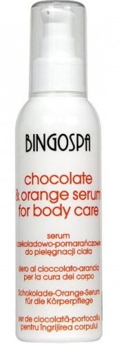 BINGO SPA Schoko-Orangen-Körperserum in einer eleganten Flasche, mit Schokoladen- und Orangennoten, auf weißem Hintergrund