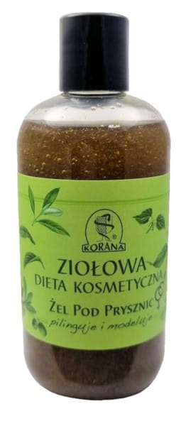 Duschgel von KORANA, kosmetische Diät, 300 ml Flasche mit transparentem Design und blauer Kappe, auf weißem Hintergrund